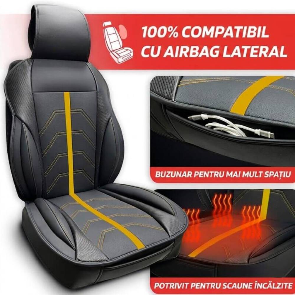 Husa pentru 1 scaun peste tetiera, cu laterale, negru cu galben, Potenza, Swissdrive PTNZYLW