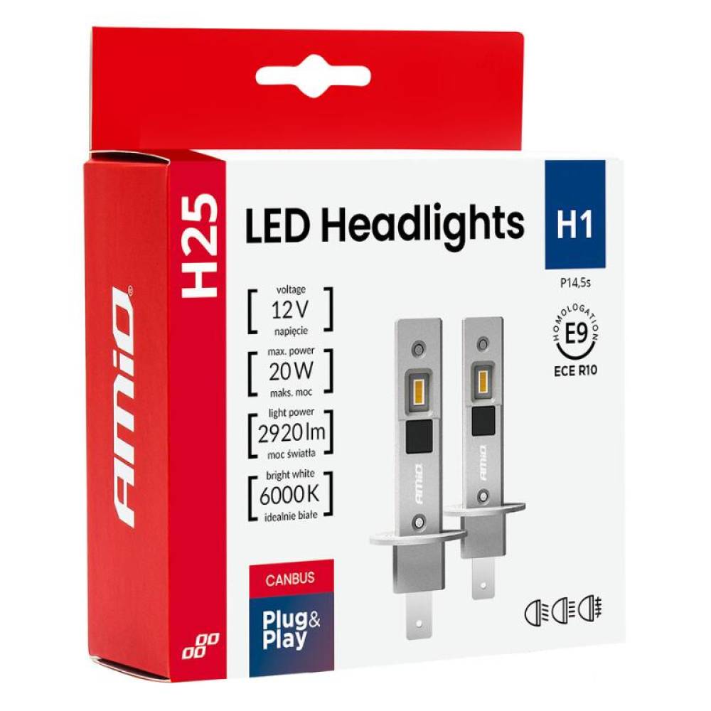 Set 2 becuri H1, 2 Led-uri, 12V, 20W, 2920 lm, 6000K, Canbus, Amio 04709 Set 2 becuri H1, 2 Led-uri, 12V, 20W, 2920 lm, 6000K, Canbus, Amio 04709