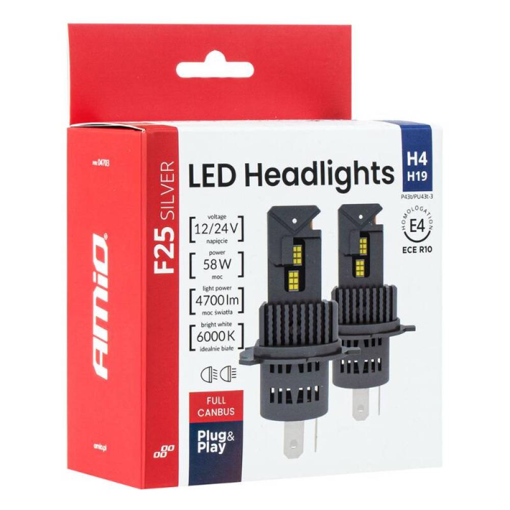 Set 2 becuri H4-H19 LED, 54-58W, 12V-24V, 4700 lm, 6000k, Canbus, Series F25 Amio 04703