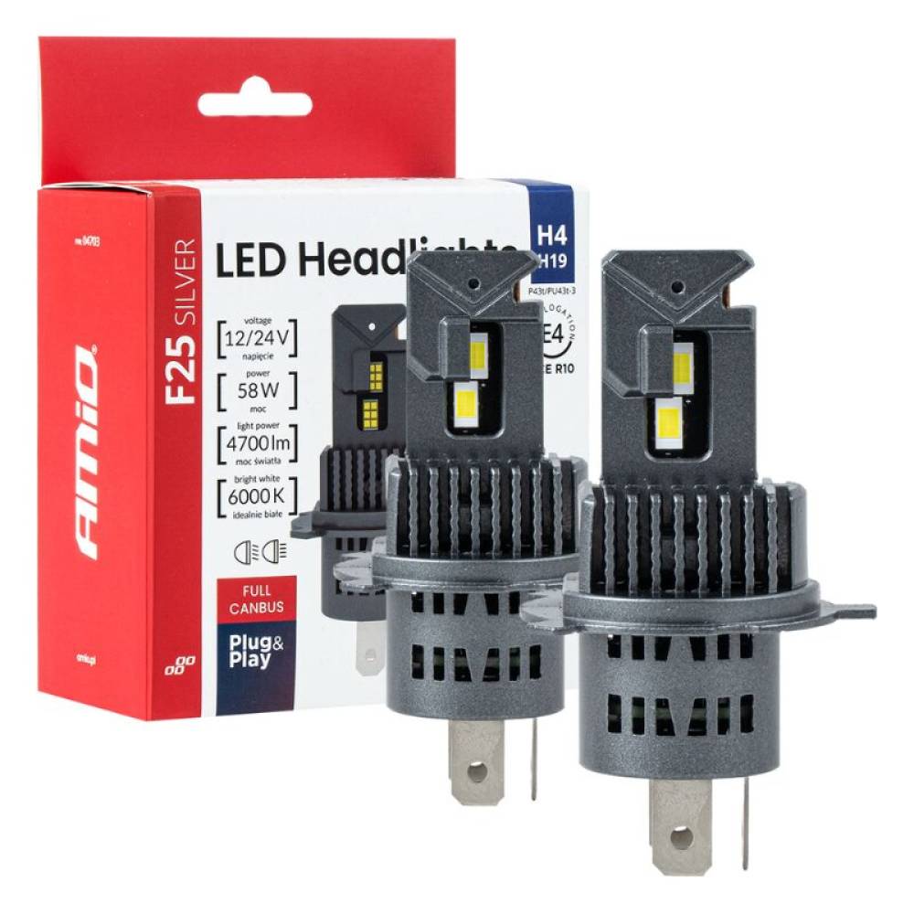 Set 2 becuri H4-H19 LED, 54-58W, 12V-24V, 4700 lm, 6000k, Canbus, Series F25 Amio 04703