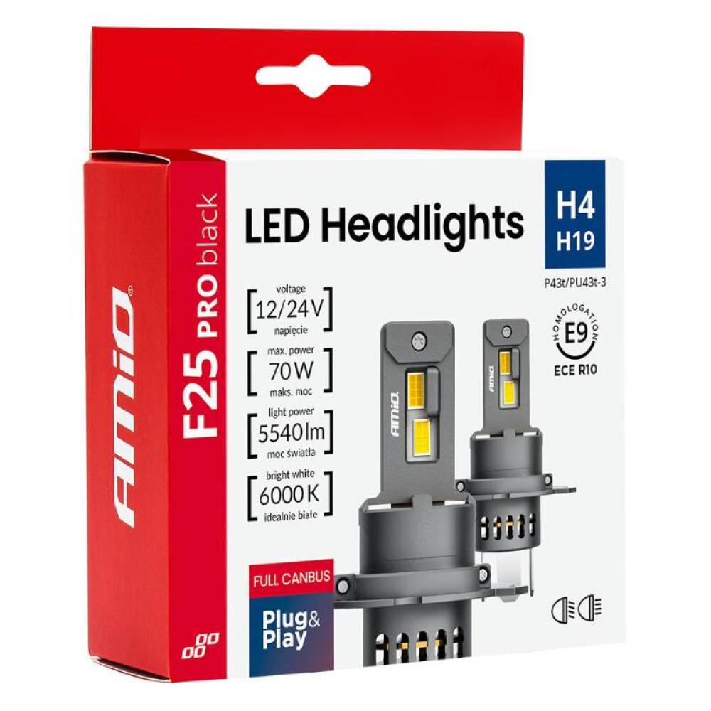 Set 2 becuri H4-H19 LED, 12V-24V, 70W, 5540 lm, 6000 K, Canbus, Series F25, Amio 04719
