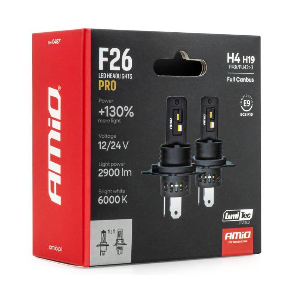 Set 2 becuri H4-H19, LED, 70W, 12V-24V, 2900lm, 6000K, Canbus, Serie F26 PRO, Amio 04871 Set 2 becuri H4-H19, LED, 70W, 12V-24V, 2900lm, 6000K, Canbus, Serie F26 PRO, Amio 04871