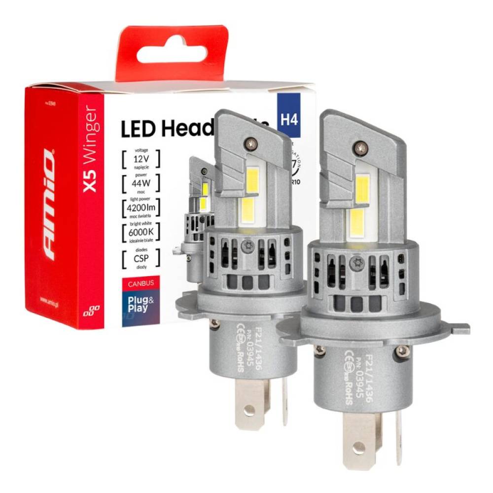 Set 2 becuri H4, 4 LED, 12-24V, 50W, 6000K, 4200LM, Canbus, X5-series Winger, Amio 03945