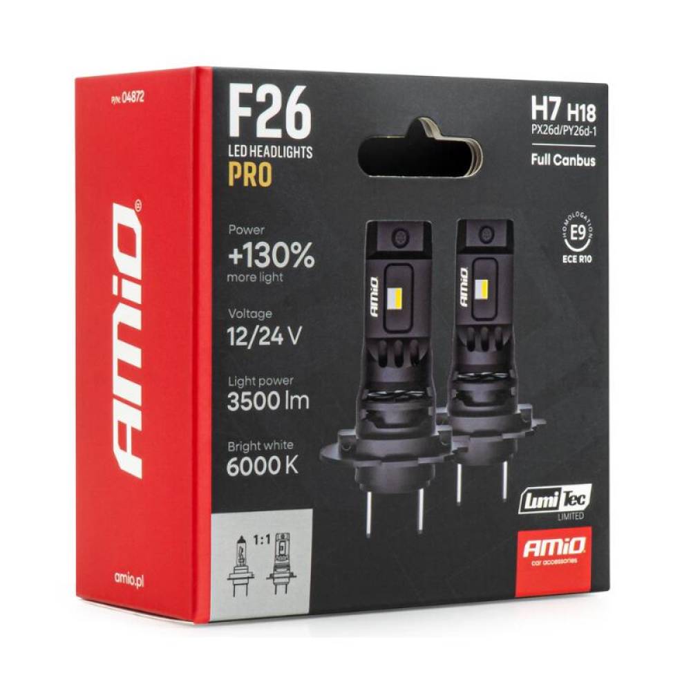 Set 2 becuri H7-H18 LED, 68W 12V-24V, 3500lm, 6000K, Canbus Series F25 PRO, Amio 04872
