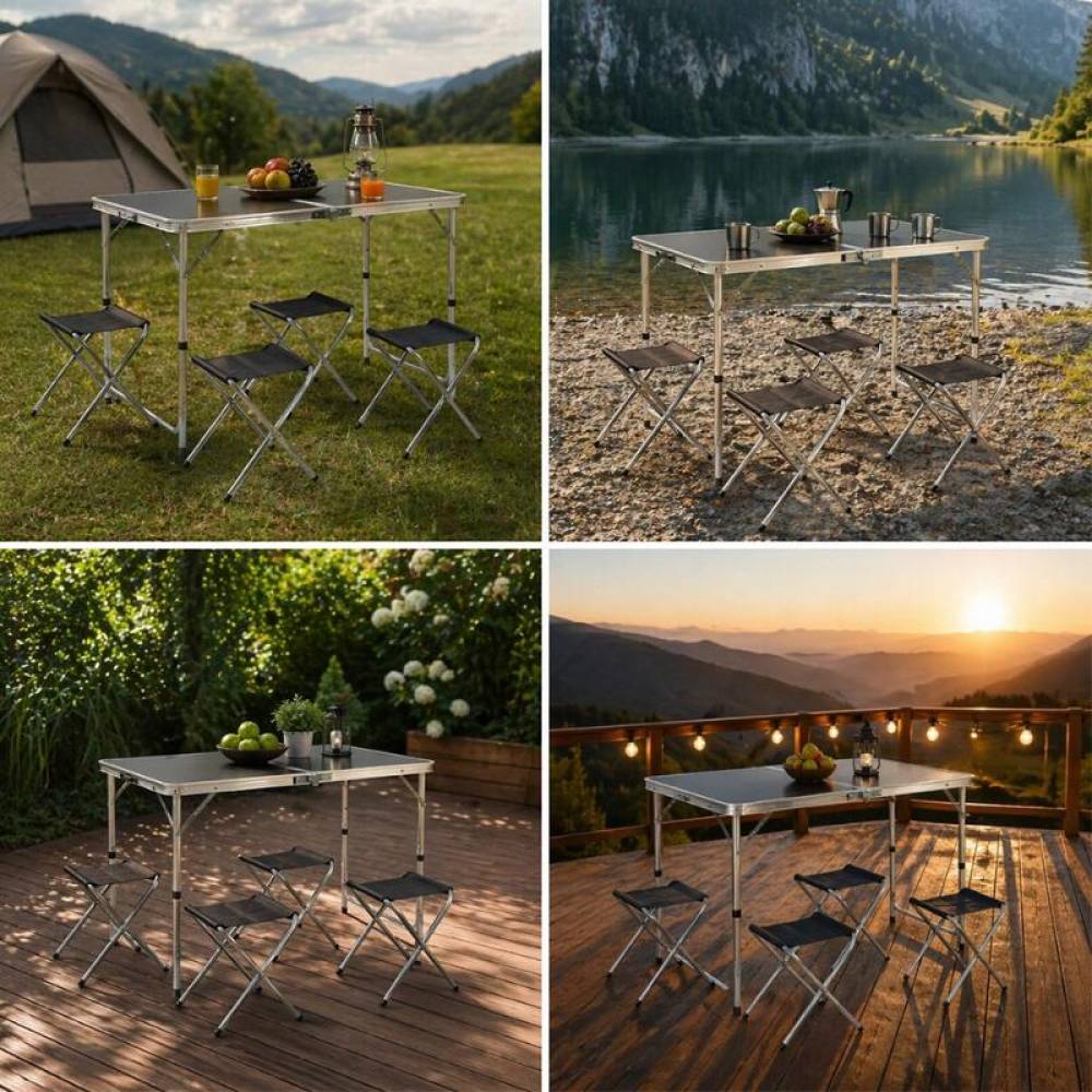 Set masa pliabila camping cu 4 scaune din aluminiu, portabila tip valiza, reglabila, 120x60cm, BK99229 Set masa pliabila camping cu 4 scaune din aluminiu, portabila tip valiza, reglabila, 120x60cm, BK99229