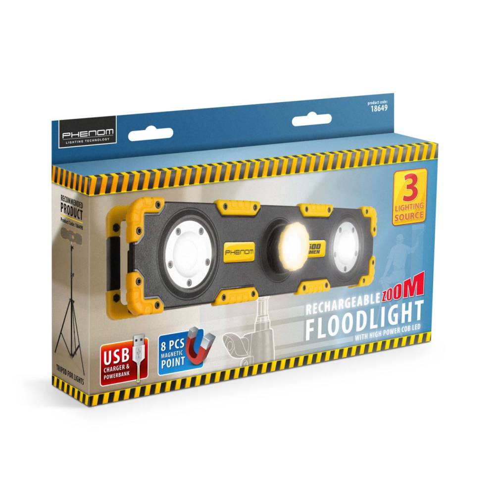 Proiector LED 1200lm cu acumulator si intensitate si focalizare reglabile Phenom 18649