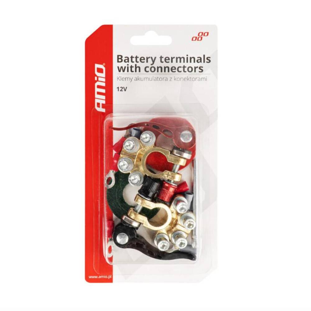 Set 2 borne acumulator cupru 12V, cu papuci si garnituri fixare-decuplare rapida, 4 cai, 04058 Amio 