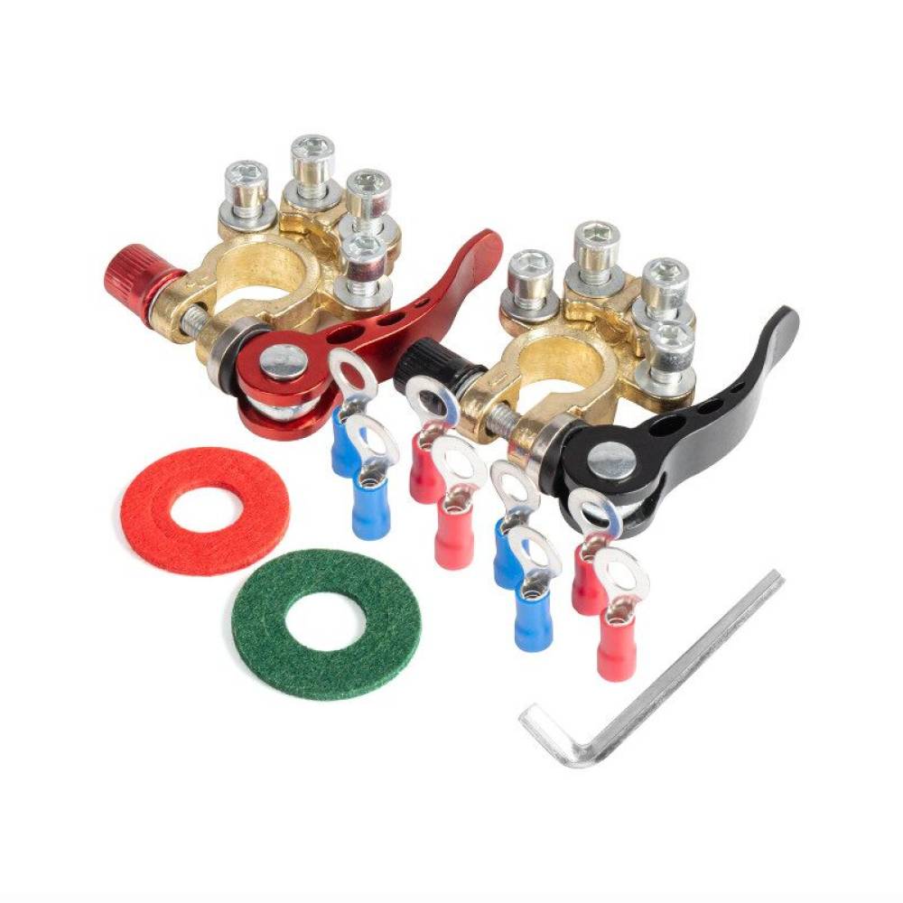 Set 2 borne acumulator cupru 12V, cu papuci si garnituri fixare-decuplare rapida, 4 cai, 04058 Amio 