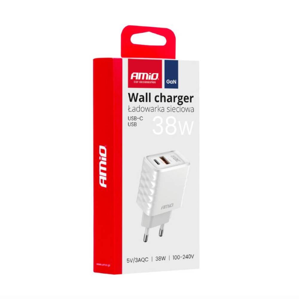 Incarcator rapid cu 2 USB-uri, priza 220V, USB-C si USB-A, 38W, 3AQC, GaN PD, 04287 Amio