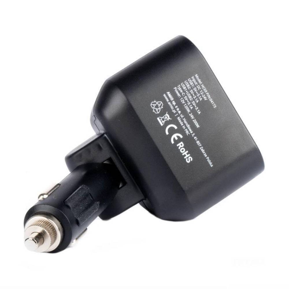 Stecher cu 2 prize, 2xUSB-A 2.4A si 1xUSB-C, 12-24V, 200W, cu voltmetru LED, buton control On-Off, rabatabil, 04173 Amio 
