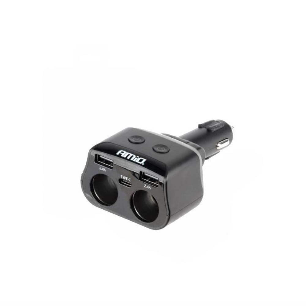Stecher cu 2 prize, 2xUSB-A 2.4A si 1xUSB-C, 12-24V, 200W, cu voltmetru LED, buton control On-Off, rabatabil, 04173 Amio 
