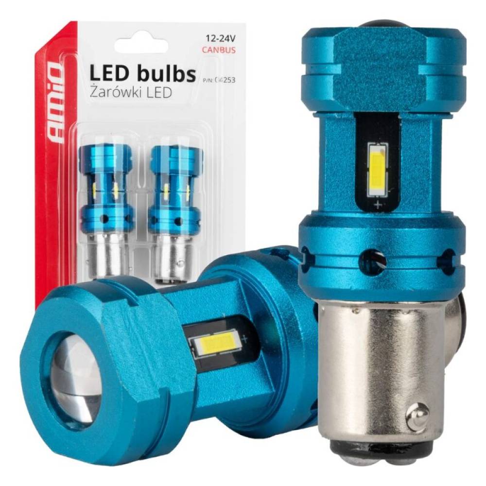 Set 2 becuri stop frana, LED CSP, 12-24V, 1157 BAY15D P21/5W, cu lupa, Canbus, alb, 04253 Amio