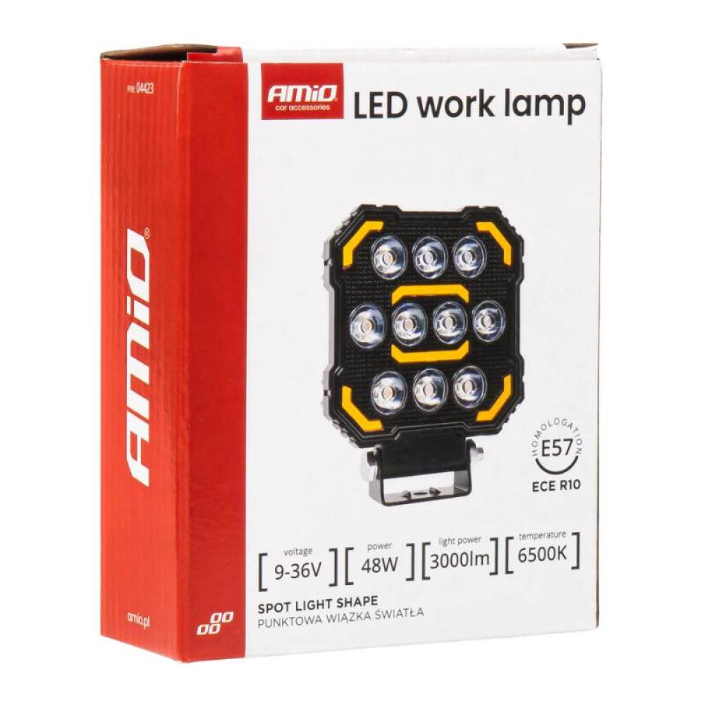 Proiector lucru, 110x110 x38mm, LED, 10-36V/48W, 3000lm, tip spot cu stroboscopic, AWL79, 04423 Amio
