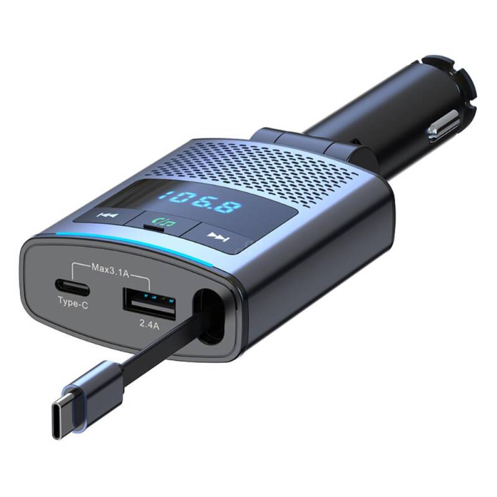 Transmitator auto FM cu hands-free, cu 2×USB si cablu retractabil QC PD65W, TipC si adaptor Ihpone, 12-24V, Amio 04656