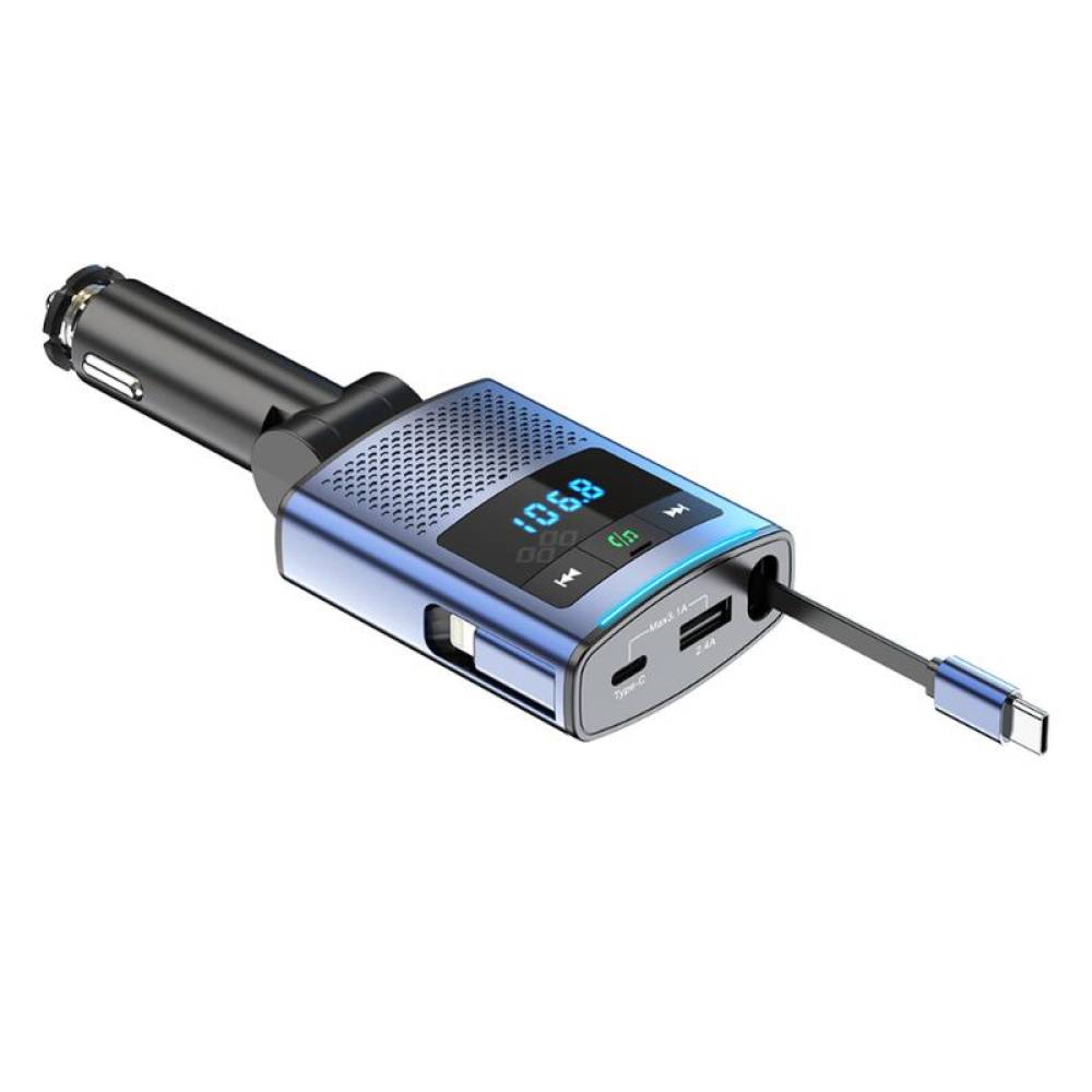 Transmitator auto FM cu hands-free, cu 2×USB si cablu retractabil QC PD65W, TipC si adaptor Ihpone, 12-24V, Amio 04656