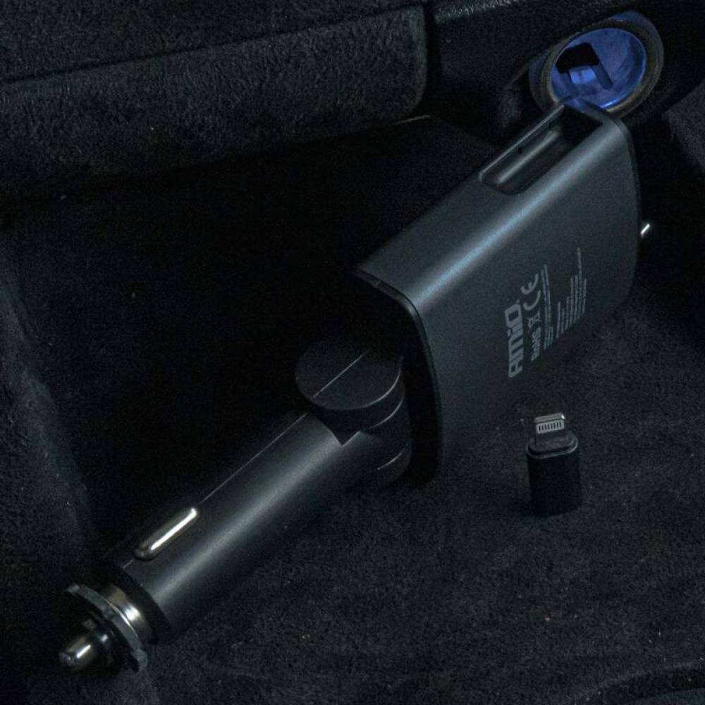 Transmitator auto FM cu hands-free, cu 2×USB si cablu retractabil QC PD65W, TipC si adaptor Ihpone, 12-24V, Amio 04656