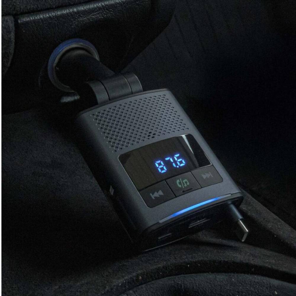 Transmitator auto FM cu hands-free, cu 2×USB si cablu retractabil QC PD65W, TipC si adaptor Ihpone, 12-24V, Amio 04656