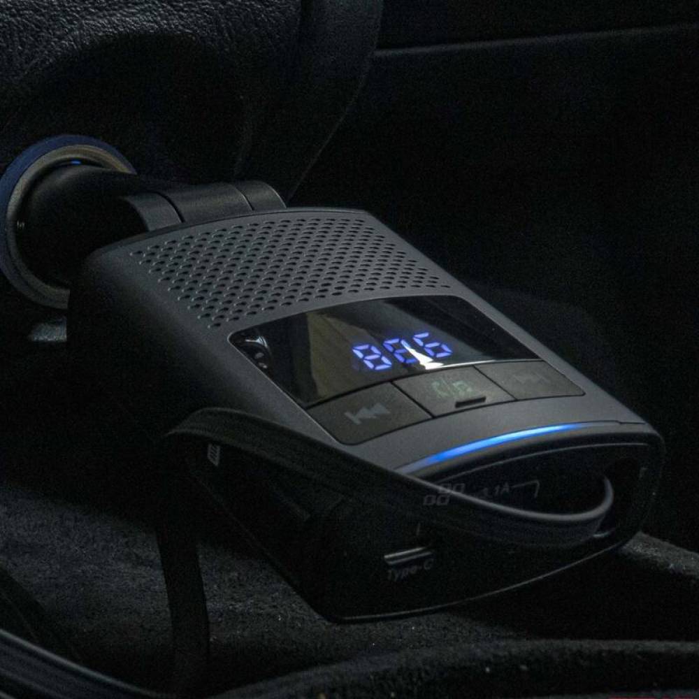 Transmitator auto FM cu hands-free, cu 2×USB si cablu retractabil QC PD65W, TipC si adaptor Ihpone, 12-24V, Amio 04656