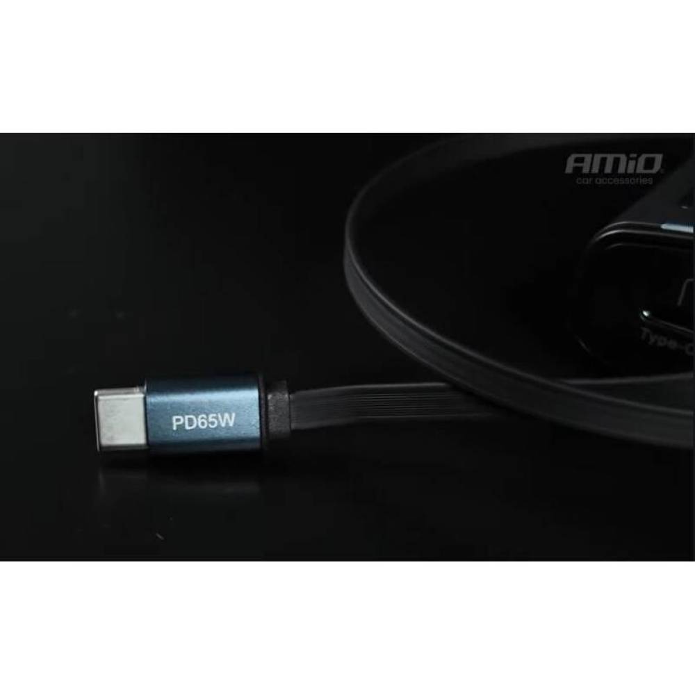 Transmitator auto FM cu hands-free, cu 2×USB si cablu retractabil QC PD65W, TipC si adaptor Ihpone, 12-24V, Amio 04656