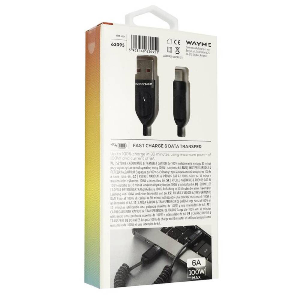 Cablu incarcator USB Tip C, 1,8m, spiralat, 6A, 100W, FAST Charging, Carmotion WAYME63095