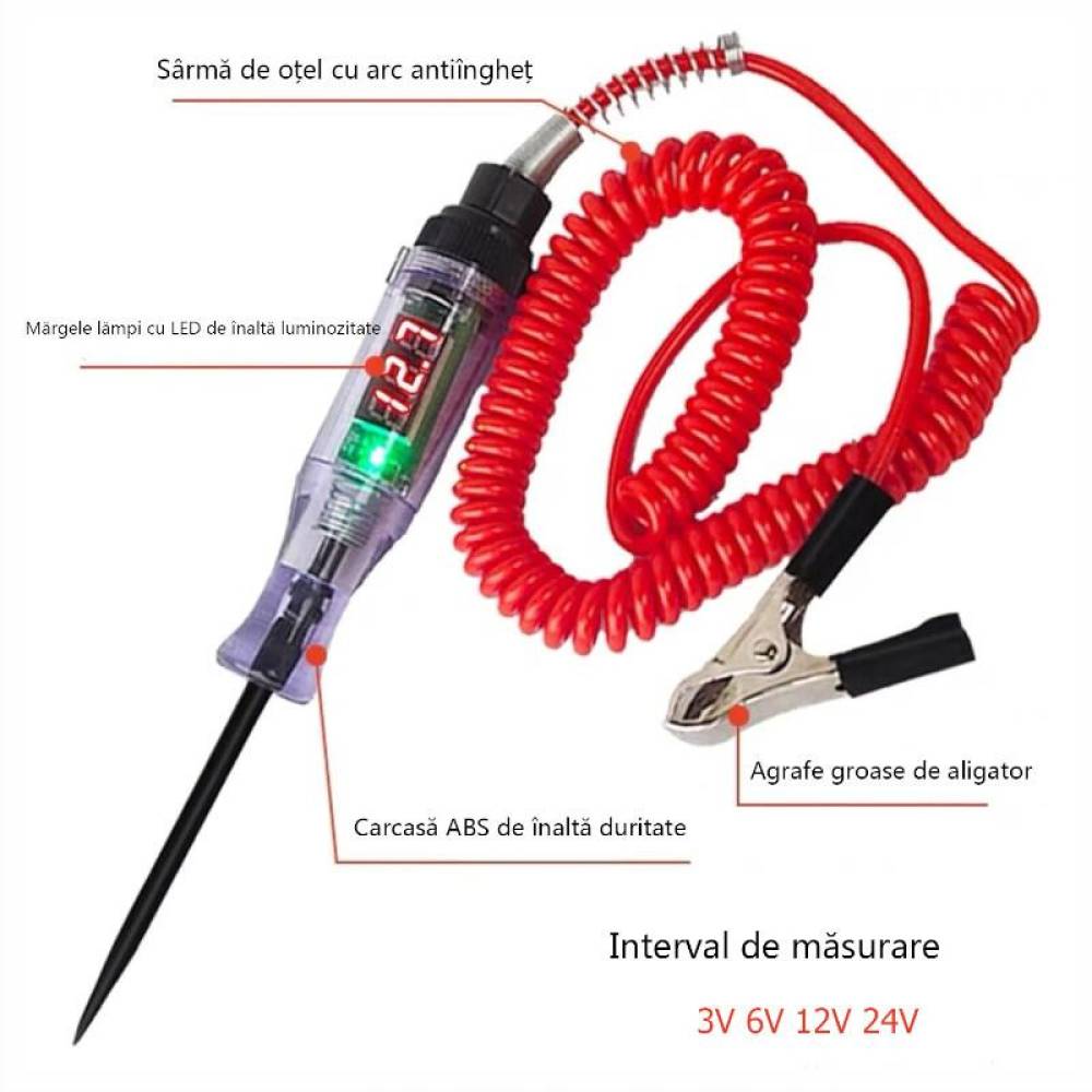 Creion tensiune tester voltaj, LED, afisaj digital, 3-48V, cablu spiralat rosu 0.6-1.8m, 83050 Carmotion  