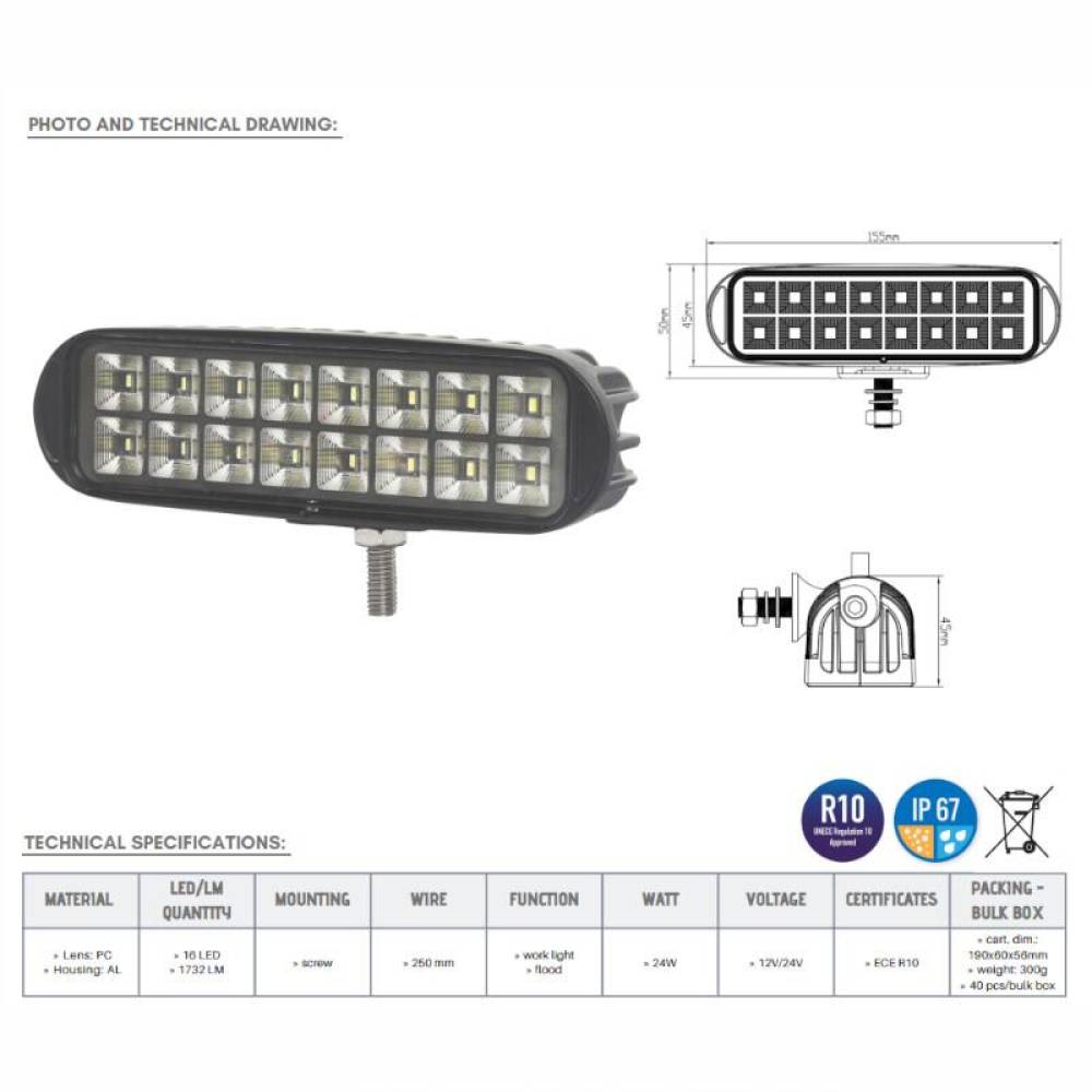 Proiector lucru 155x45, LED, 12-24V, 24W, 1732lm, flood L0166 TruckLed