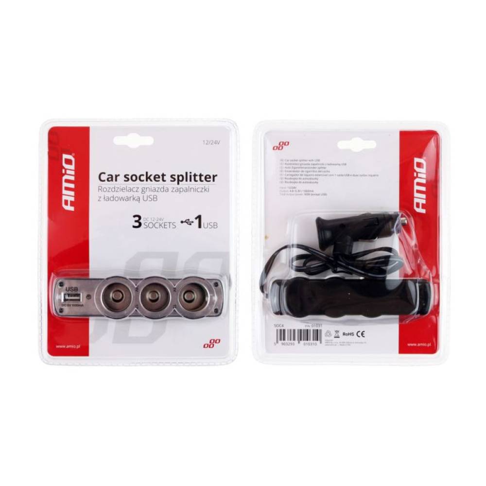 Stecher 3 prize 12 / 24V cu fir si USB 01031 Amio