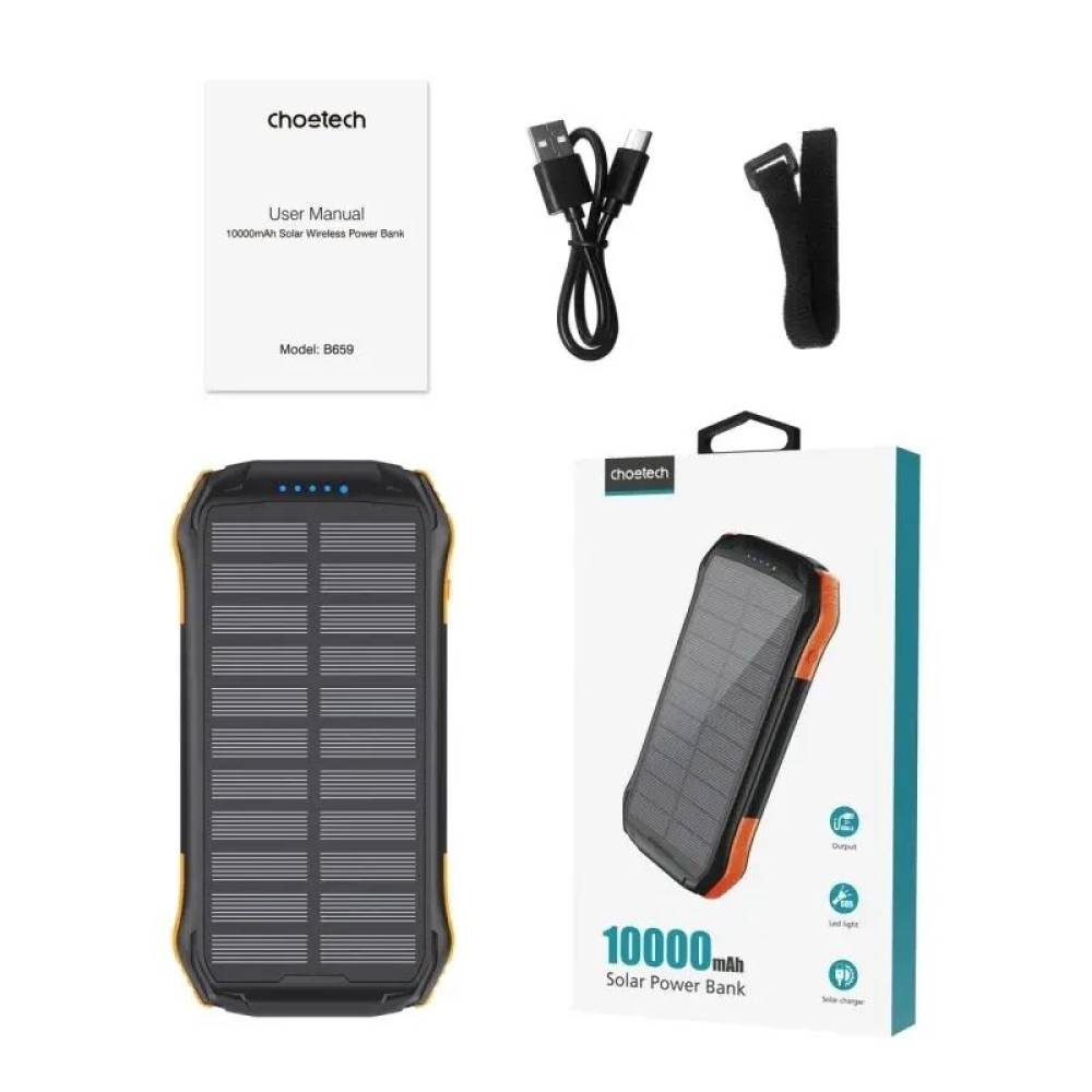 Acumulator extern powerbank solar Choetech B659, Qi 5W, 10000 mAh, 2xUSB out, USB-c IN, portocaliu PBANK-10000-B659OE-CHO