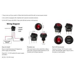 Buton basculant rotund ON/OFF, 1 faza cu LED, 3 pini, rezistent la apa, W15758, KCD1-2