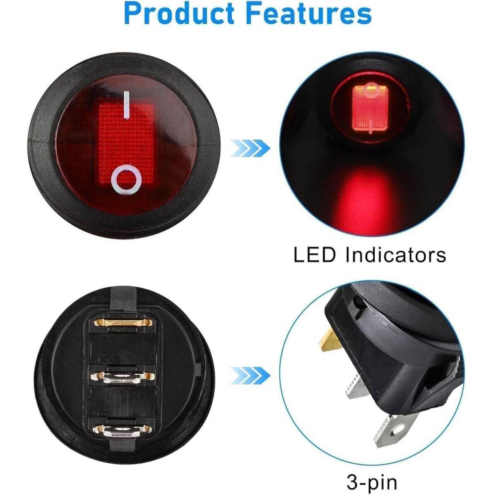 Buton basculant rotund ON/OFF, 1 faza cu LED, 3 pini, rezistent la apa, W15758, KCD1-2