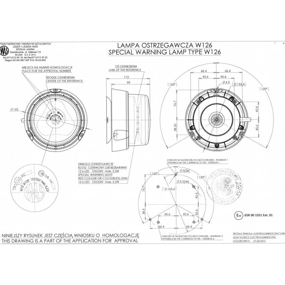 Girofar 12/24V, h99, LED, 19W, prindere cu 3 suruburi, cablu 3 metri, galben, W126 866.4D WAS