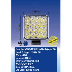 Proiector lucru 83x83mm, LED, 12/24V, 48W, 3840lm, GD31616NM