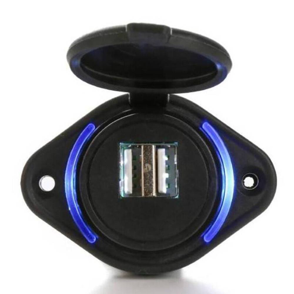 Priza cu 2 USB, cu LED albastru, 12-24V, USB tip A 2x2.4A, cu siguranta, montare aparenta, MCA035B