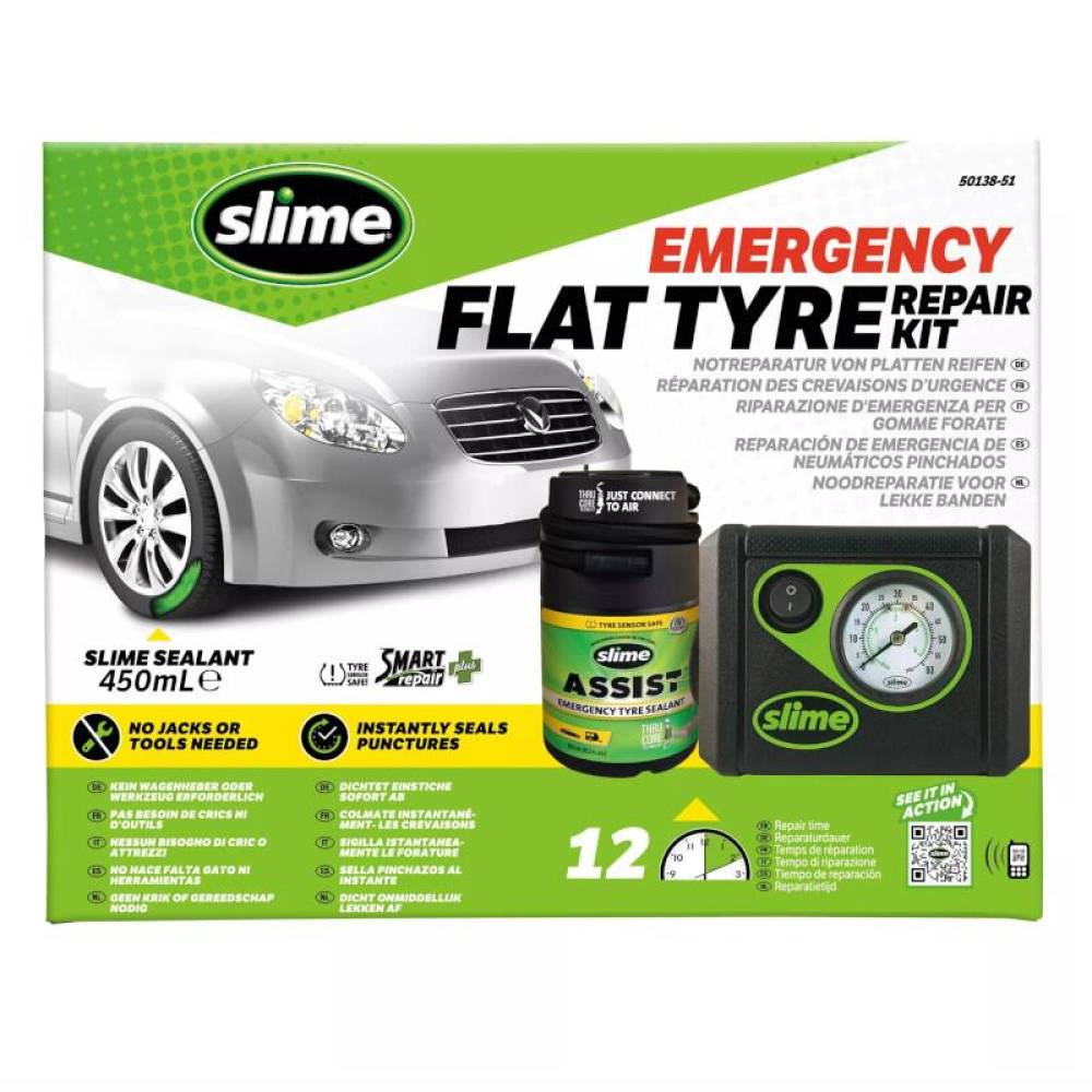 Compresor aer 12V, LED, cu spuma 450ml, Slime Smart Repair plus, Tehnologie Thru-Core, 12min, 50138-51 Slime