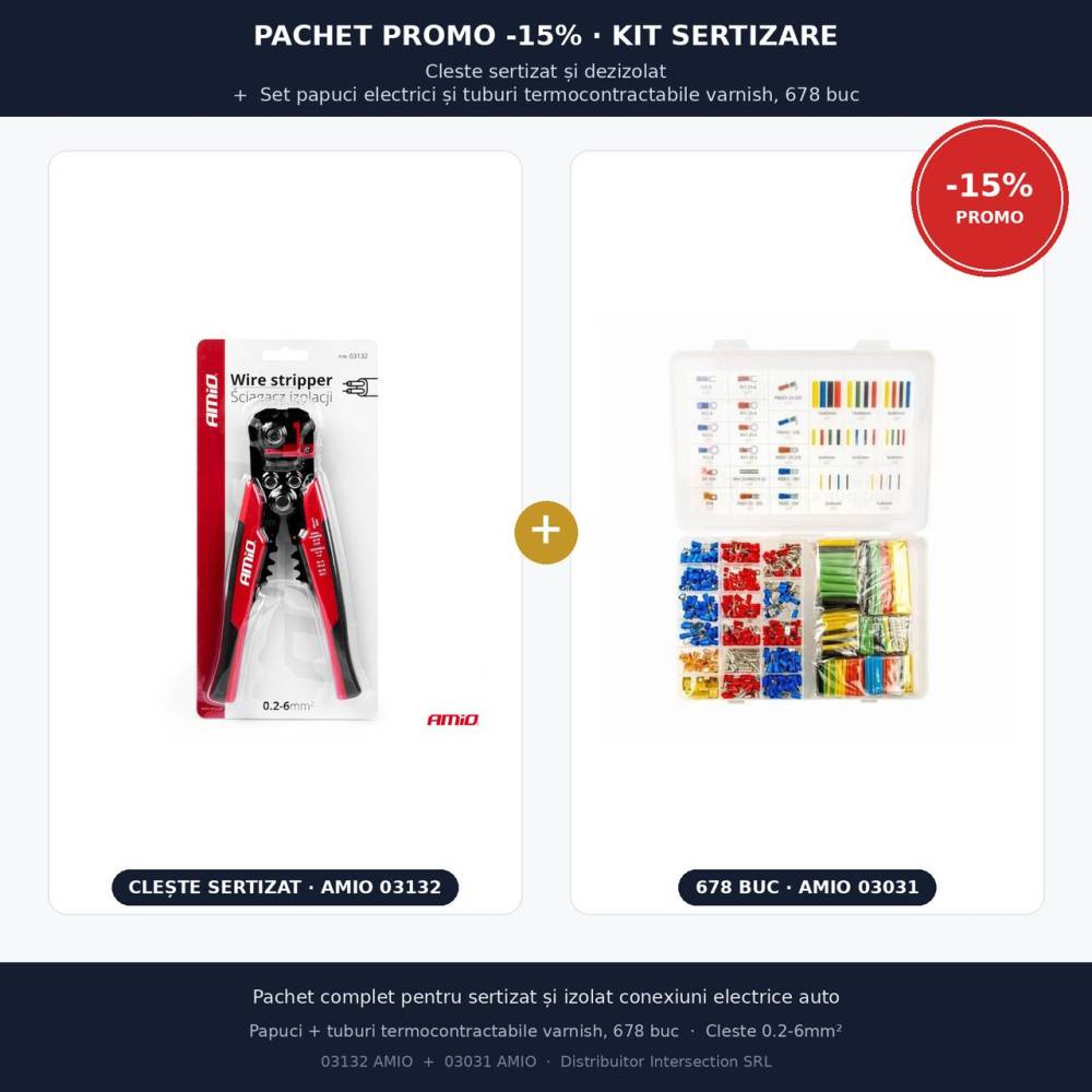 Pachet PROMO 15% Kit sertizare cabluri M6 – 100 papuci electrici + cleste sertizat si dezizolat,  03132 Amio + Set papuci electrici si tuburi termocontractabile varnish, 678 bucati, 03031 Amio