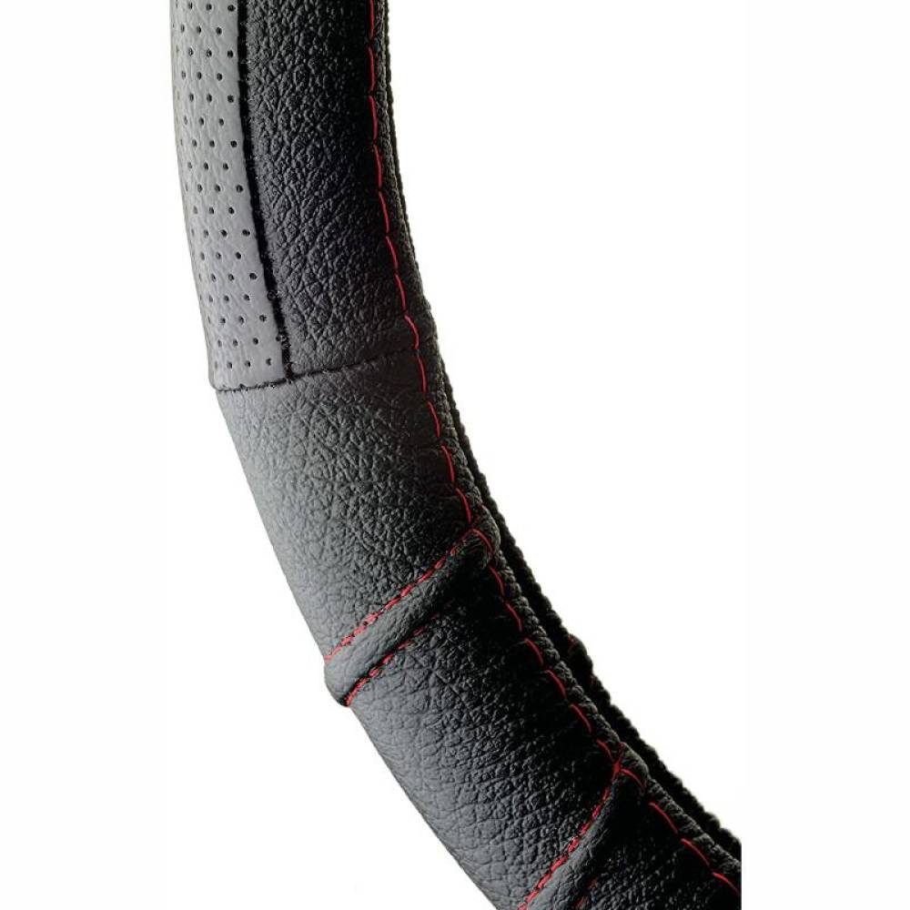 Husa volan 37-39cm, piele neagra cu cusatura rosie Genuine Leather 2505FL1 Car+