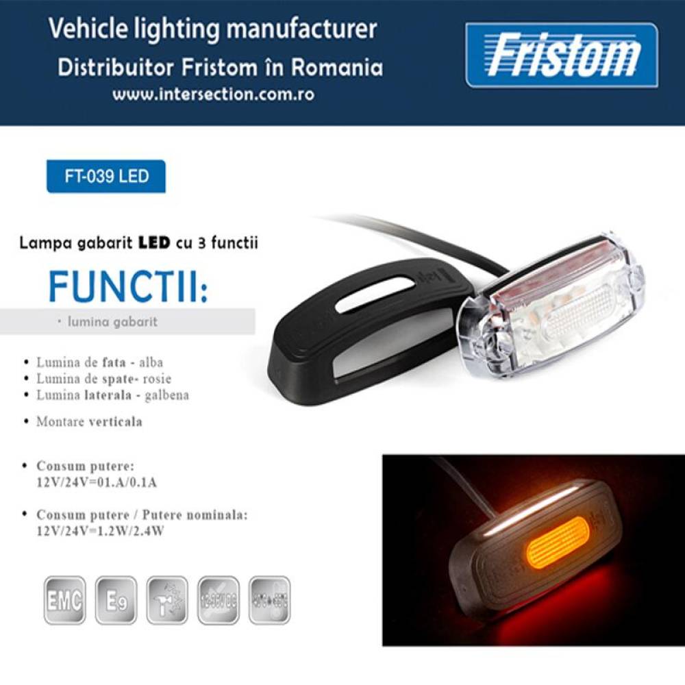 Lampa gabarit 110x46 LED, cu protectie, 3 functii, alb-galben-rosu, FT-039 Fristom Lampa gabarit 110x46 LED, cu protectie, 3 functii, alb-galben-rosu, FT-039 Fristom
