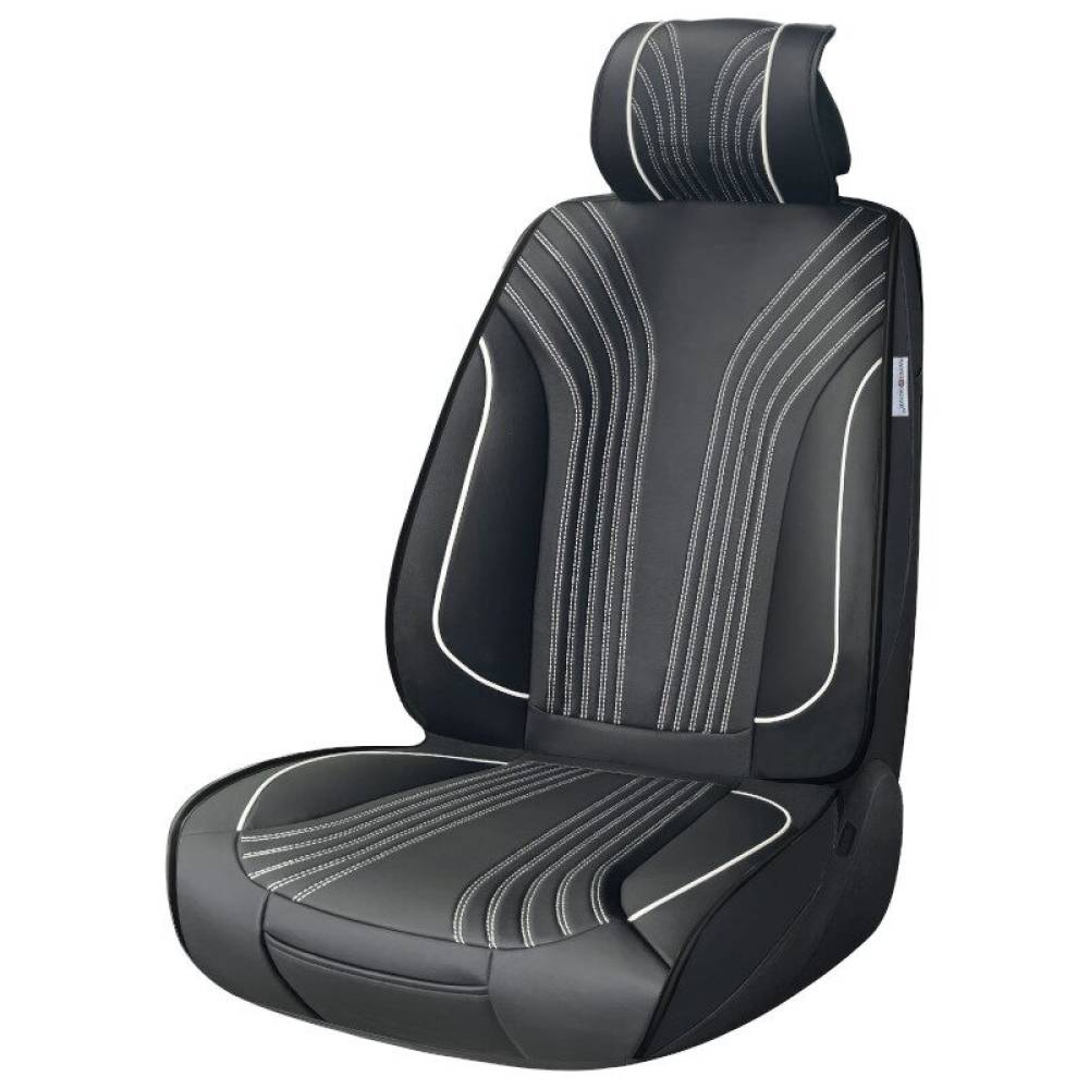 Husa scaun imitatie piele, neagra cu cusatura alba, cu buzunare fata-spate, Premium Prestige, SCA010W SwissDrive