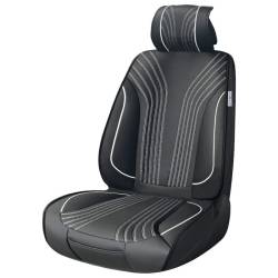 Husa scaun imitatie piele, neagra cu cusatura alba, cu buzunare fata-spate, Premium Prestige, SCA010W SwissDrive