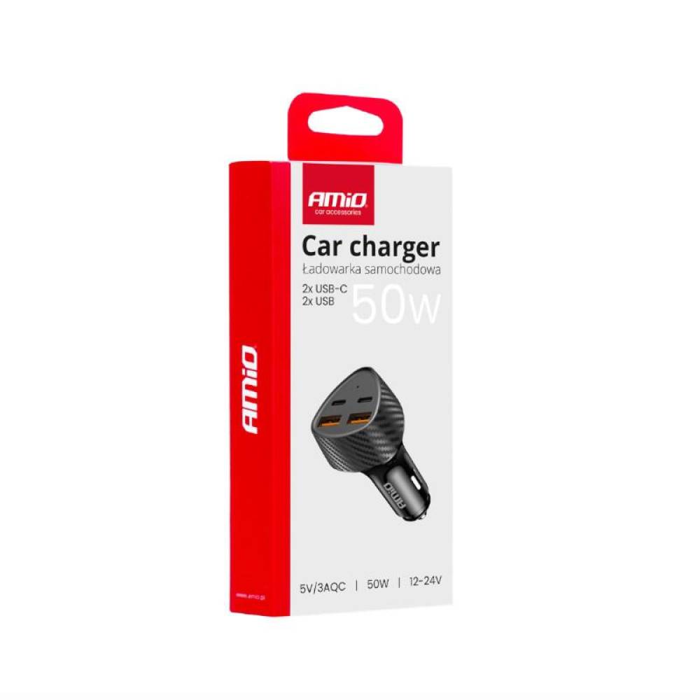 Incarcator auto 4xUSB, 12-24V, 2 USB-A si 2 USB-C, 50W, carbon, 04284 Amio