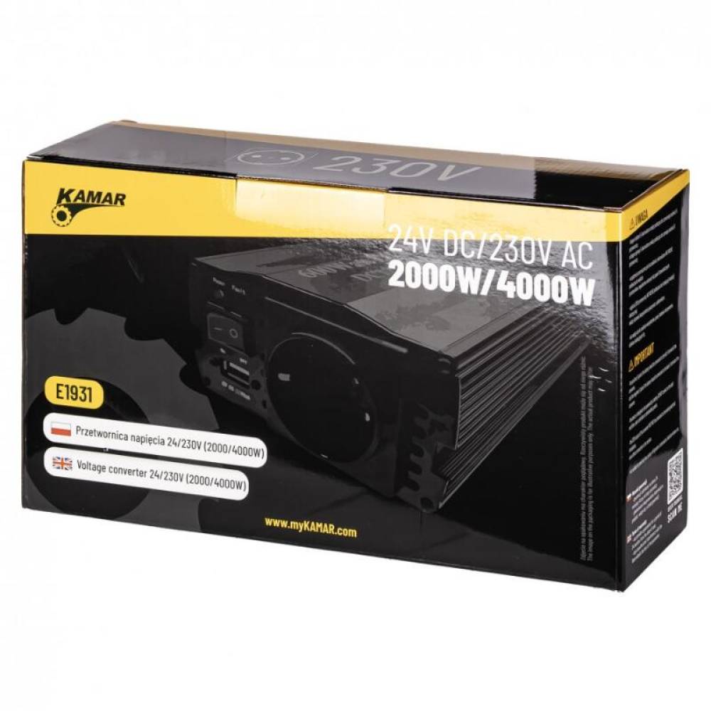 Invertor auto 24V → 220V, 2000W/4000W, 1 priză Schuko + USB 2.4A, Kamar E1931
