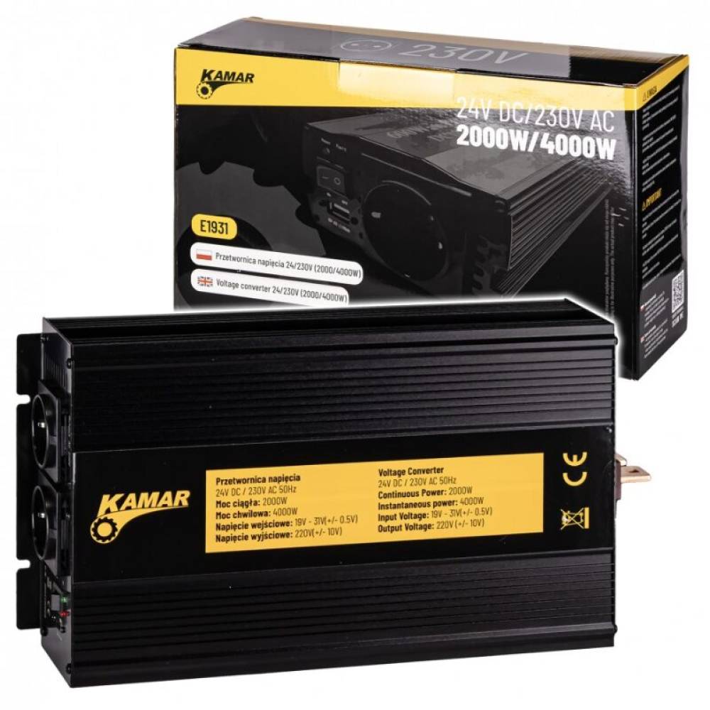 Invertor auto 24V → 220V, 2000W/4000W, 1 priză Schuko + USB 2.4A, Kamar E1931