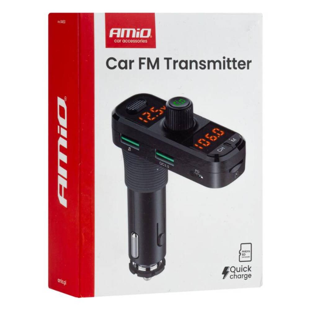 Transmitator FM, MP3 3×USB, QC3.0, PD, MicroSD 12-24V, 04653 Amio