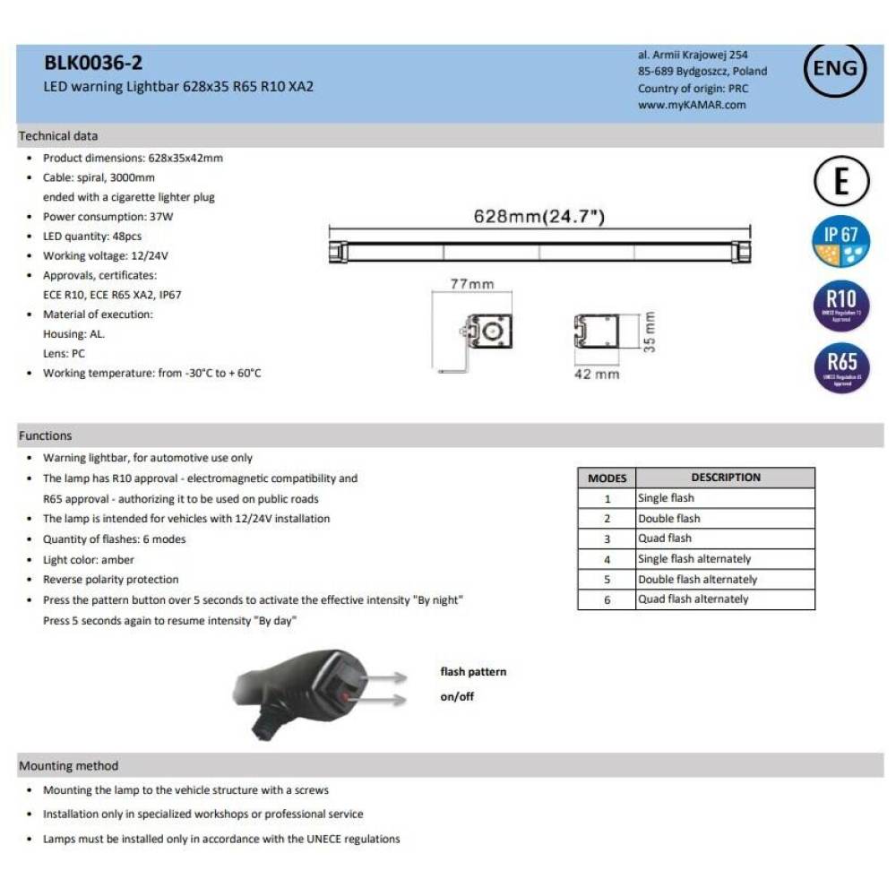 Girofar transversal 916x35x42cm, SLIM 1 side, 12/24V, 37w, 72Led, XA2 BLK0037-2