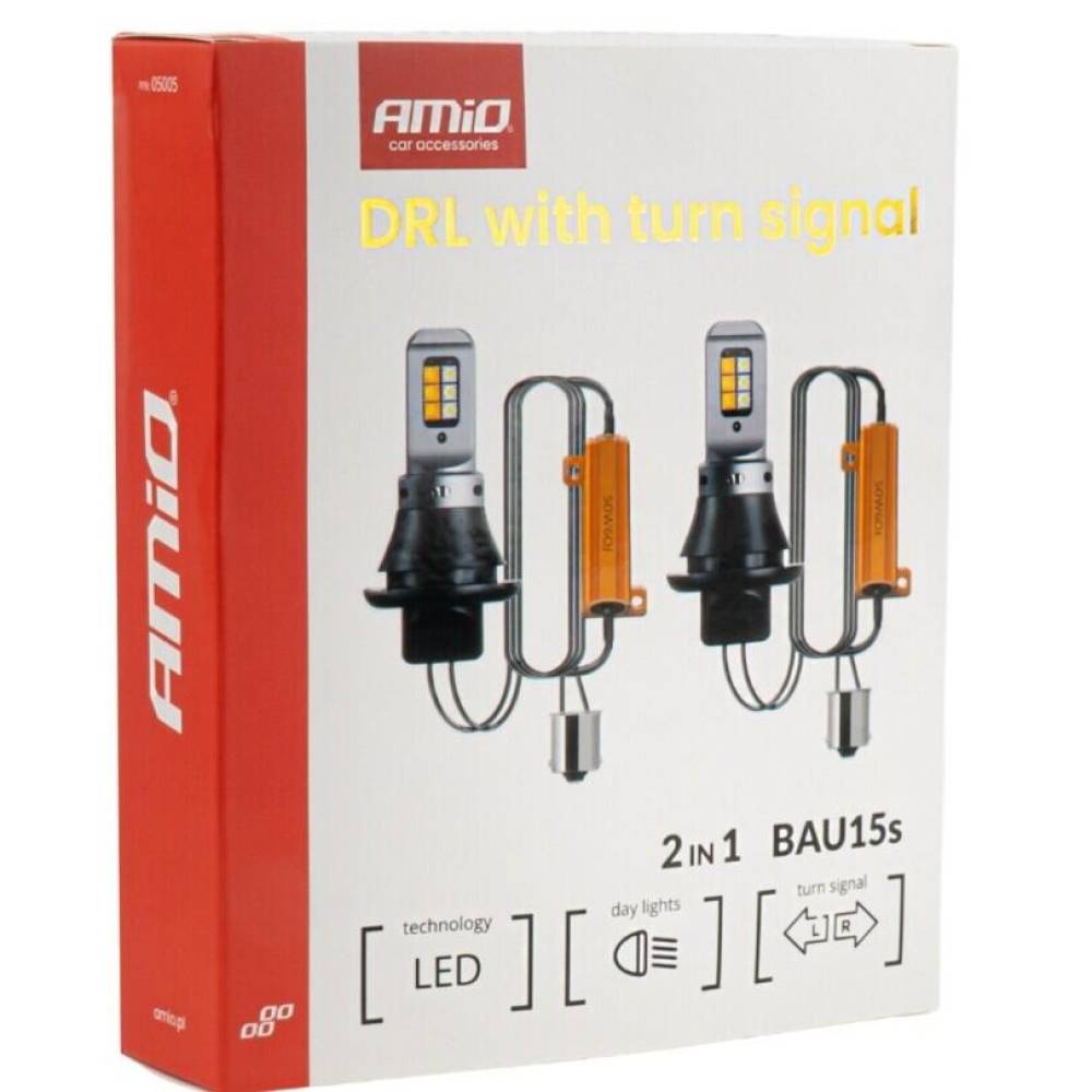 Set 2 becuri, semnalizator+DRL 12-24V PY21W cu adaptor Bau 15s, Galben si Alb CANBUS AMIO 05005