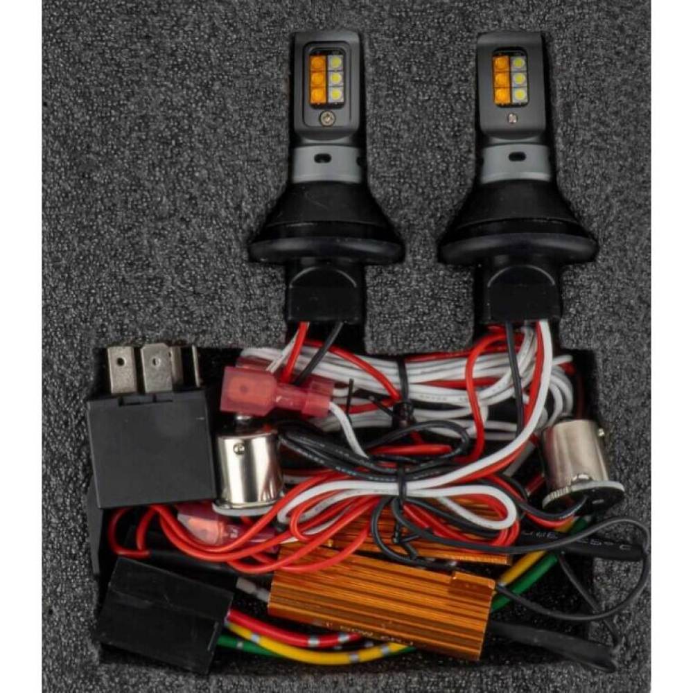 Set 2 becuri, semnalizator+DRL 12-24V PY21W cu adaptor Bau 15s, Galben si Alb CANBUS AMIO 05005