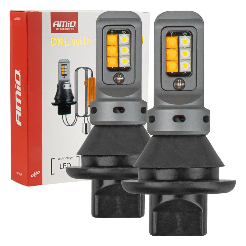 Set 2 becuri, semnalizator+DRL 12-24V PY21W cu adaptor Bau 15s, Galben si Alb CANBUS AMIO 05005